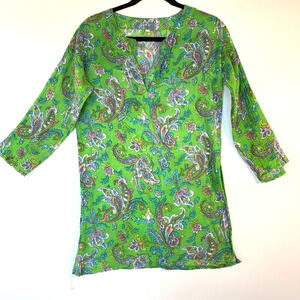 Vintage 90s Indian Cotton Paisley Tunic Top Boho Kurta Style Green Womens S/Med